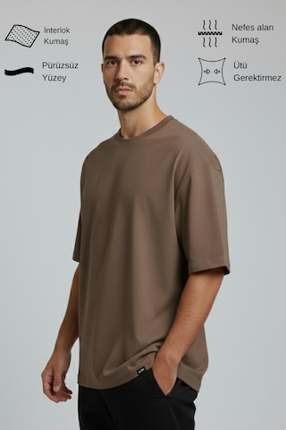Allunique Erkek Pamuklu Oversize Bisiklet Yaka Kahverengi T-shirt
