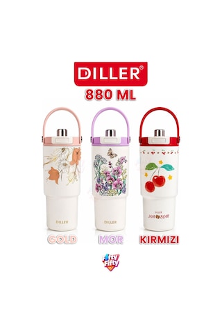 Dıller Tumbler 880 Ml Tek Kapak Çift Kullanım Pipetli/pipetsiz Taşıma Kulplu Çelik Termos-ffd9505-880ml Mor