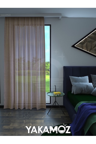 Hasır Rengi Keten Görünümlü Ekstraforlu Tül Perde Linen Touch Serisi Hasır Rengi