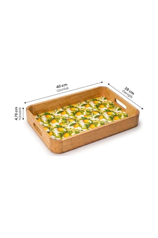 Mango Ağacı Dikdörtgen Servis Tepsisi, 40 X 28 X 4,70 Cm Limon Desenli Ahşap Sunum Tepsisi, Yüksek Kenarlı Kahvaltı, Çay, İçecek Ve Atıştırmalık Tepsisi
