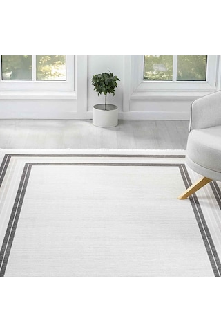 Beyaz Gri Dikdörtgen Bordürlü Modern Halı - Ng5113av