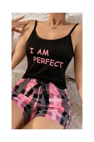 Mr Owl Kadın Siyah Kare Desenli Askılı Şortlu Pijama Takımı