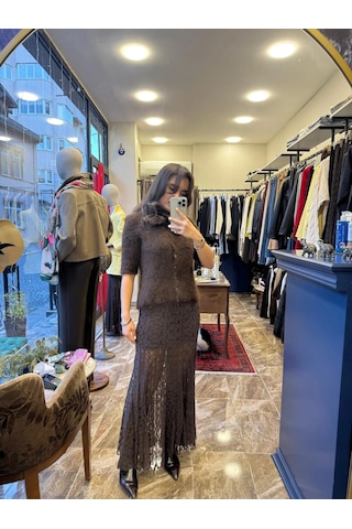Ayçagüney İçi Astarlı Beli Lastikli Dantel Etek - Kahverengi Kahverengi