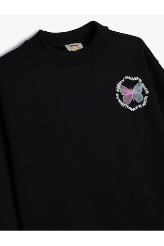 Koton Sweatshirt Kelebek Baskılı Bisiklet Yaka Uzun Kollu Şardonlu Siyah 5wkg10272ak Siyah