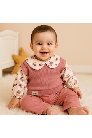 Bahrain Triko Örmeli Çiçek Yaka Ve Kol Detaylı Arkadan Çıtçıtlı Mevsimlik 2 Parça Takım Gül Kurusu