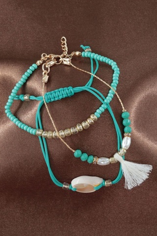 3lü Deniz Kabuklu İncili Püsküllü Asansörlü Lastikli Turkuaz İp Bileklik. Kadın İp Bileklik Halhal Çok Renkli
