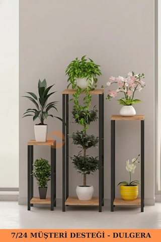 Flora Dekoratif 3'lü Metal Çiçeklik Saksı Standı & Yan Sehpa Seti - Modern Bahçe Balkon Çiçek Rafı - Çam