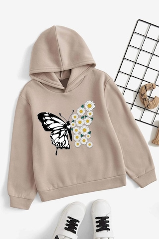 Uyguntarz Papatya Kelebek Baskılı Erkek - Kız Çocuk Rahat Kalıp Sweatshirt Bej