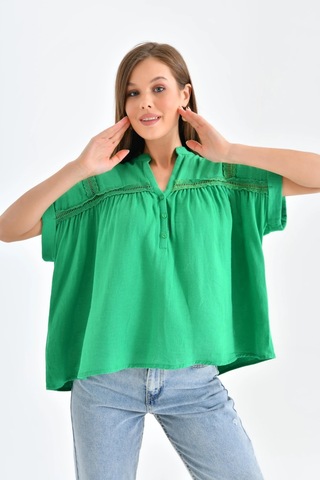 Dantel Detay Kısa Dokuma Bluz Yeşil