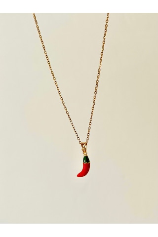 Kadın & Erkek Şık Tasarım Çelik Kırmızı Chili Biber Figürlü Takı Minimalist Şans Kolye Gold