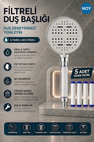 Duş Başlığı Seti Filtreli Duş Başlığı 6 Fonksiyonlu 5 Yedek Filtre Hediyeli Premium Serisi Metalik