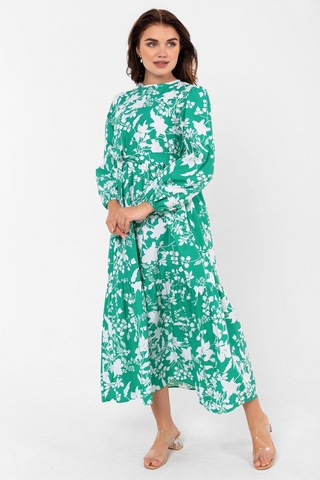 Yaprak Desenli Renkli Pamuklu Yazlık Baharlık Kuşaklı Elbise 2101 Yeşil