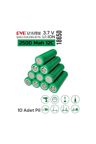 Eve 18650 3.7v Volt 2500 Mah 12c 25p Lityum Şarj Edilebilir 10 Adet Pil Batarya
