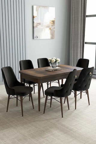 Zümra Serisi, Barok Ahşap Desen 80x132 Açılabilir Mdf Mutfak Masası Takımı 6 Adet Sandalye, Siyah