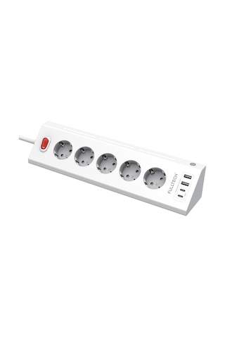 Fulltech FTR-26 Akım Korumalı Priz Beyaz 9’lu (5 Priz + 2 USB-A + 2 USB-C) 3680W 16A, 2 Metre Kablolu, Gece Lambalı Çoklu Priz -