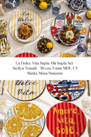 La Dolce Vita Supla 4'lü Supla Set Sicilya Temalı - 30 Cm, 3 Mm Mdf, Uv Baskı, Masa Sunumu Çok Renkli
