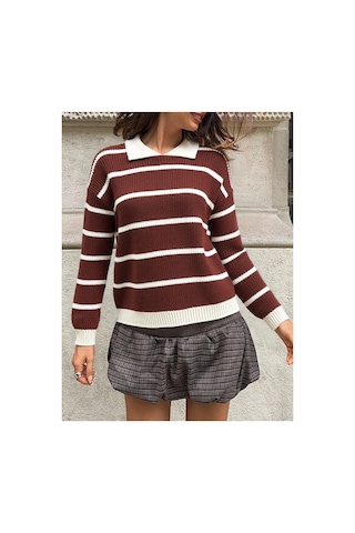 Meecy Selanik Örgü Polo Yaka Oversize Zr Model Kadın Triko Kazak Kahverengi & Bej Kahverengi & Bej