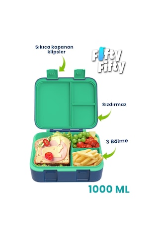 Vagonlife 1000 Ml Tek Kat Sızdırmaz,karışmaz Üç Bölmeli Taşıma Kulplu Çocuk Beslenme Kutusu -ffb092-1000 Yeşil