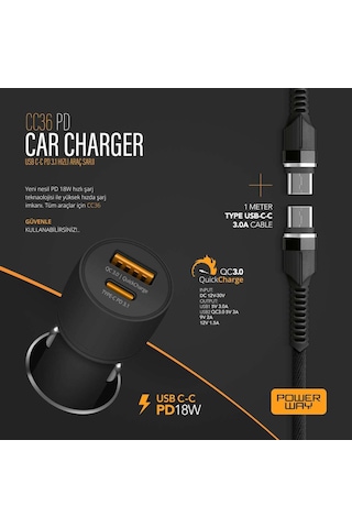 Powerway CC36 Type-C Kablolu PD 18 W Hızlı Araç Şarjı
