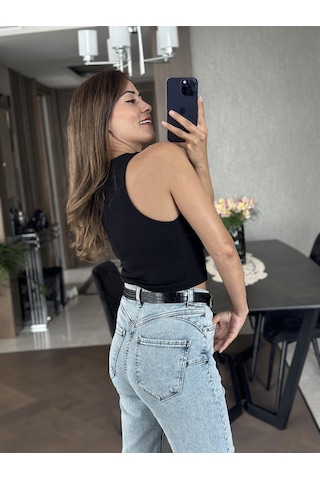 Forlady Siyah Önü Dekolteli Arkası Düğme Detay Kaşkorse Crop Body Siyah
