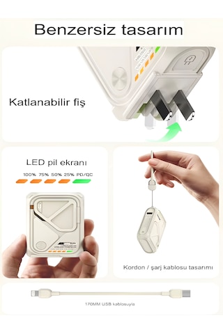 5'in 1 Pd 22.5w Hızlı Şarj Powerbank - 10000mah, Kablolu Ve Kablosuz Standlı Çoklu Fişli Şarj Cihazı Bej