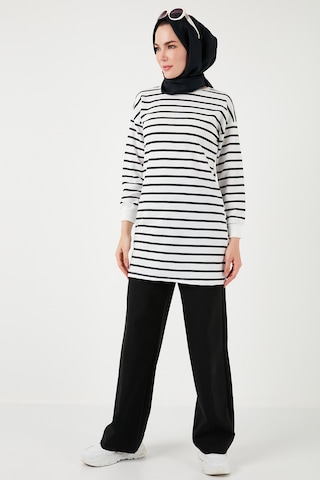 Lela Modest Çizgili Pamuklu Regular Fit Bisiklet Yaka Bayan Tunik 5865784 Beyaz