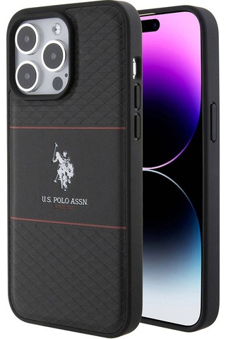 Apple Uyumlu iPhone 15 Pro Max Kılıf U.s. Polo Assn. Lisanslı Deri Şeritli Logo Dizayn Kapak Siyah
