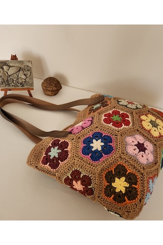 Fikriharika Design El Yapımı Renkli Afrika Çiçeği Motifli Kağıt İp Omuz Çantası Astarlı Ve Cepli, Bohem Tasarım Çok renkli