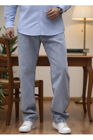Lyvens Erkek Buz Mavi Baggy Oversize Bol Paça Jean Kot Pantolon Buz Mavi