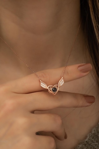 925 Ayar Gümüş 100 Dilde Seni Seviyorum Kalpli Melek Kanadı Kadın Gümüş Kolye Rose Gold