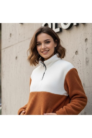Kadın Yarım Fermuarlı Peluş Sweatshirt Rahat Ve Sıcak Kışlık Üst Kazak Tarçın