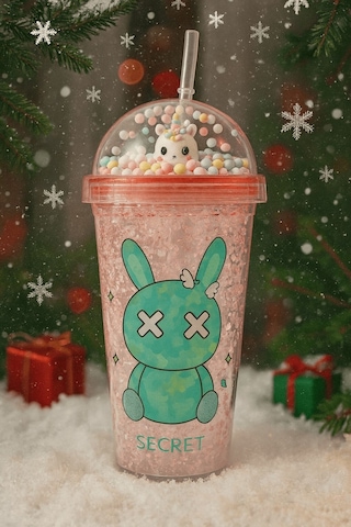 Sevimli Bunny Tavşan Figürlü Renkli Boncuklu Kristal Efektli Tasarım Pipetli Bardak Suluk Pembe 2087 Çok Renkli
