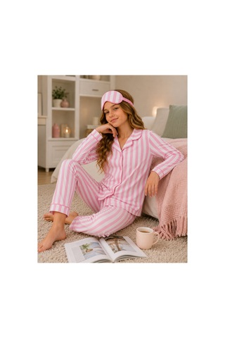 Beka Kids Pembe Çizgili Uzun Kollu Önden Düğmeli Gömlek Yaka Kız Çocuk Pijama Takımı Ve Göz Bandı