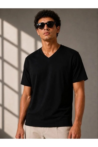 Modi Erkek V Yaka Basic Tişört Kısa Kol Yazlık Regular Fit T-shirt - Siyah Açık Lacivert - Gri - Siyah