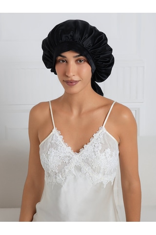 Silkwormlife %100 Saf Ipek, Uzun Bağcıklı Lüks Gece Bakim Bonesi Siyah