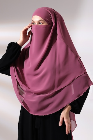 Pembe Üç Katlı Peçeli Kısa Şifon Tesettür Sufle Eşarp