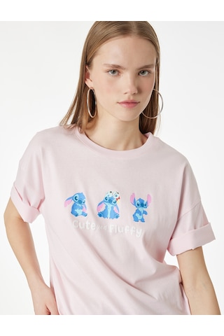 Koton Stitch Lisanslı Kısa Kollu Bisiklet Yaka Arkası Baskılı Tişört Pembe 6sal10109ık Gül