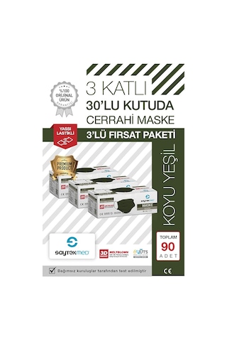 Saytekmed Meltblown Filtreli, Yassı İpli, 3 Katlı Koyu Yeşil Maske (90 Adet/3 Kutu)