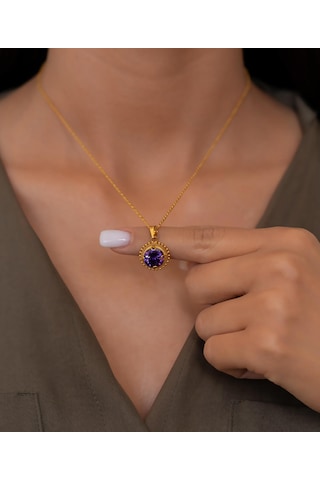 Bayar Gold 14 Ayar Altın Mor Taşlı Telkari Kolye Sarı Altın