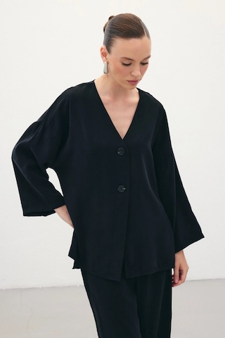 Sateen Düğmeli Kimono - Siyah Siyah