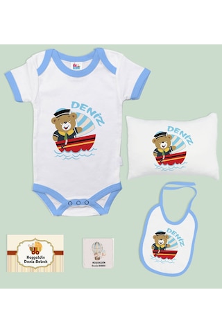 BK Kids Kişiye Özel İsimli 5 Parça Mavi Bebek Body Zıbın Yastık H