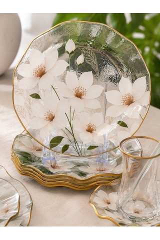 30 Parça Flora Elegance Servis Pasta Çay Takımı Gold-5408 Şeffaf