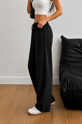 Tarz Cool Kadın Keten Karışımlı Regular Fit Beli Lastikli Bağcıklı Yüksek Bel Günlük Pantolon Siyah