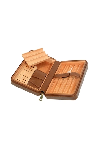 Cohiba Dahili Çakmak Kahverengi Deri Puro Taşıma Çantası & Seyahat Humidoru - Tr9767