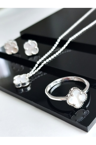 Gümüş Beyaz Yonca Van Clef Sedef Taşlı Kolye Küpe Yüzük