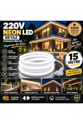 Borsan 15 Metre 6500k Beyaz Neon Led 220v Tak Çalıştır Ip65 Ultra Parlak Esnek Hortum Led Iç Dış Mekan Dekoratif Aydınlatma Montaj Aparatı Dahil 6500K - Beyaz Işık