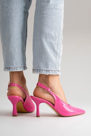 Esatsani Şeker Pembe Rugan Arka Açık 9 Cm İnce Topuklu Özel Günler Davet Stiletto Kadın Ayakkabı Pembe Rugan