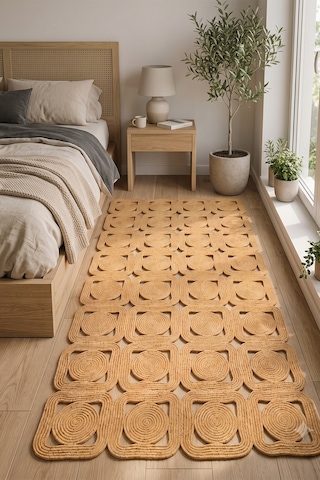 Jüt Hasır Kare Kilim Dekoratif Halı Yolluk Doğal Görünümlü Bohem Modern Ev Dekorasyonu Salon Oturma Mutfak Balkon Çocuk Odası 160kırçıllıhasır