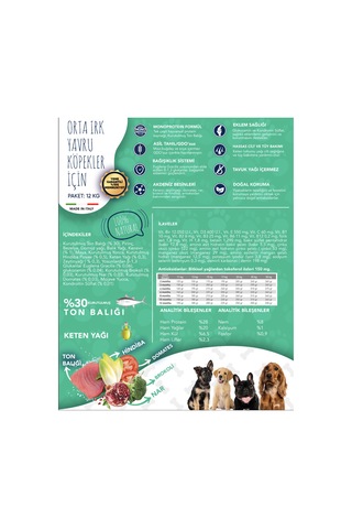 Exclusion Monoprotein Düşük Tahıllı Ton Balıklı ve Narlı Orta Irk Yavru Köpek Maması 12 KG