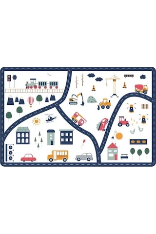 Dijital Araba Yollu Eğitici Kaymaz Yıkanabilir Çocuk Halısı Çocuk Oyun Halısı Çocuk Odası Dekor DC-9117 Beyaz